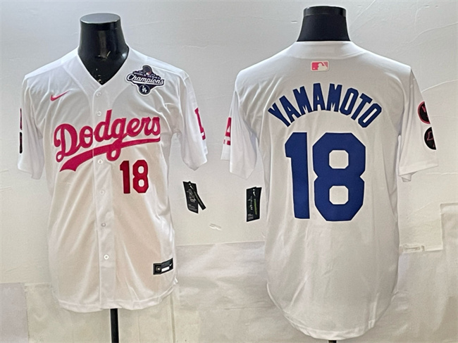 Men's Los Angeles Dodgers #18 Yoshinobu Yamamoto White/Pink 2025 World Series Champions Patch Vin & Kobe Patch Limited Stitched Baseball Jersey Men's Los Angeles Dodgers #18 Yoshinobu Yamamoto White/Pink 2025 World Series Champions Patch Vin & Kobe Patch Limited Stitched Baseball Jersey